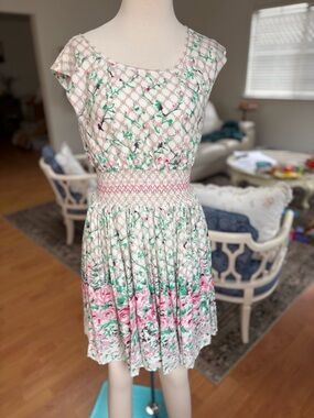 Darling Pink Green Floral Smocked-Waist Mini Dress